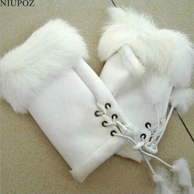 Female Rabbit Hair Wrist Gloves Fingerless Computer Typing Mittens Winter Women Suede Leather Warm Thick Cashmere Gloves G58