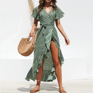 Summer Beach Maxi Dress Women Floral Print Boho Long Chiffon Dress Ruffles Wrap Casual V-Neck Split Sexy Party Dress Robe Femme