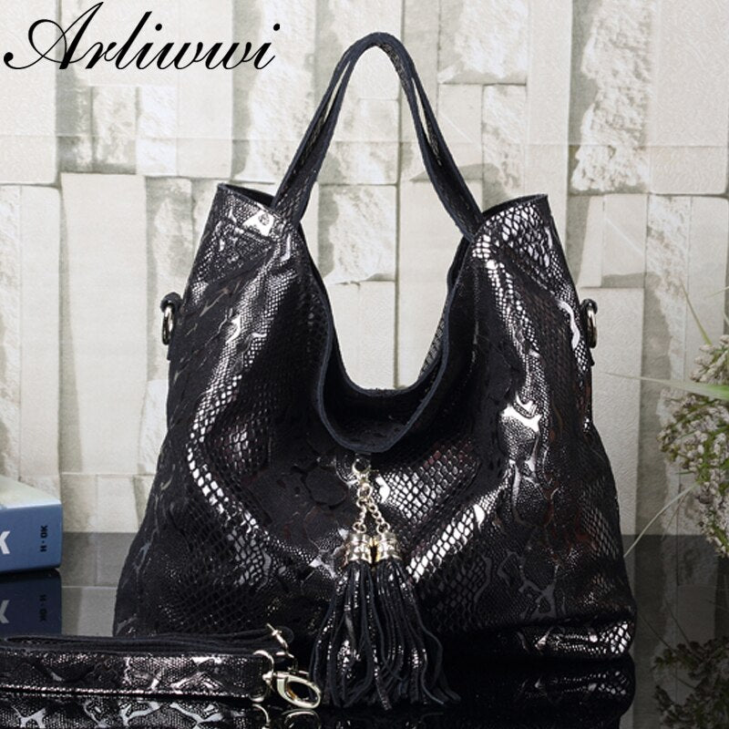 Arliwwi Brand New Quality Serpentine Grain Suede Cowhide Classical Designer Genuine Leather Handbags With Elegant Tassel GB01