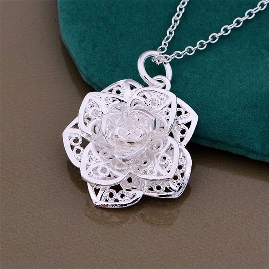 Charms Pretty Fashion Silver 925 Plated Jewelry Wedding Noble Elegance Women Classic Flower Pendant Necklace JSHN884