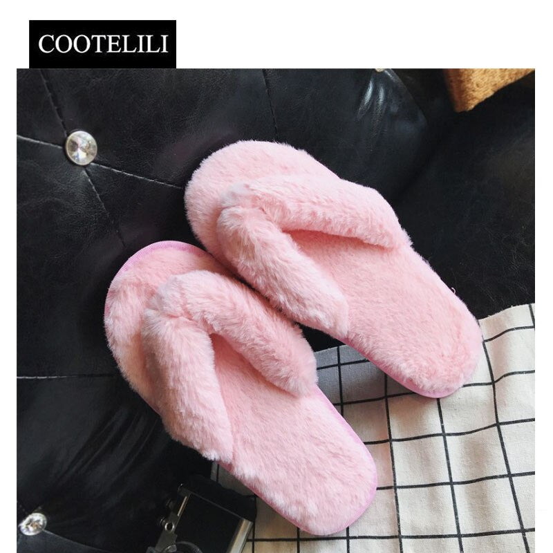 COOTELILI Winter Fashion Women Home Slippers Faux Fur Warm Shoes Woman Slip on Flats Female Fur Flip Flops Pink Plus Size 44 45