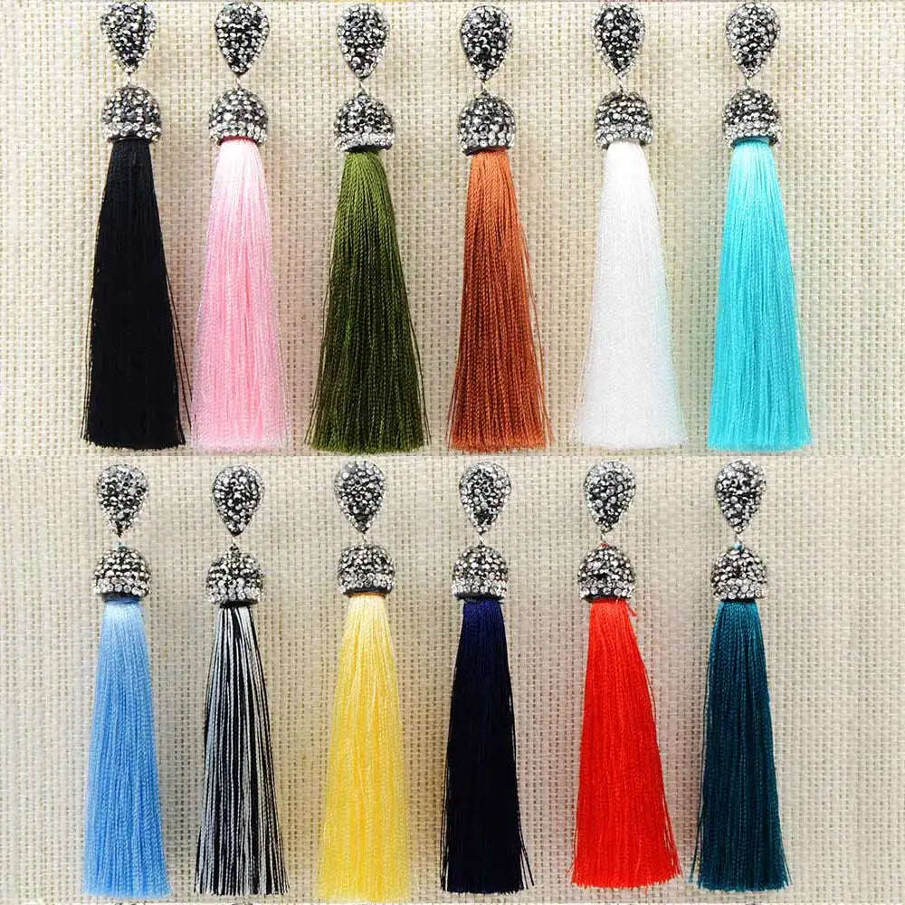 Fashion 12Colors Long Tassel Earrings Handmade Bohemian Unusual Silk Crystal Dangle Drop Hanging Earrings For Women Jewelry Gift