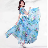 Colorful Floral Printed Chiffon Maxi Dress Free and Loose Beach Wedding Long Flowy Dress with Sleeves