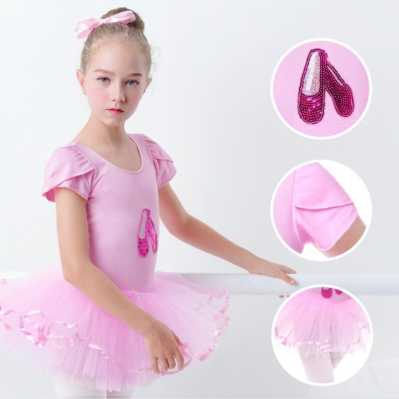 Pink Ballet Dress for Girls Kids Tutu Sequin Dance Wear Child Short Sleeve Princess Puffy Dress Dance Costumes