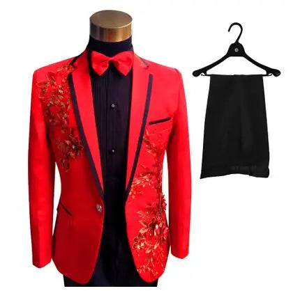 Sequins Men Suit Stage Singers Performance Embroidery Host Formal Wear Emcee Spring Shiny