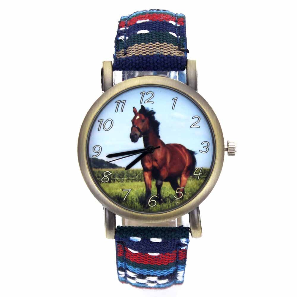 Running Horse Print Animal Unicorn Horses Fashion Men Women Stripes Denim Cloth Canvas Band Sport Quartz Watch