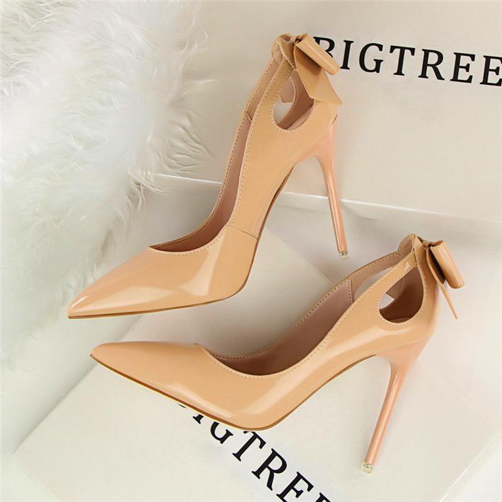 Fashion Cut-outs Bowtie Pointed Toe 10cm High Heels Solid Patent Leather Shallow Woman Party Pumps Office Ol Shoes Woman