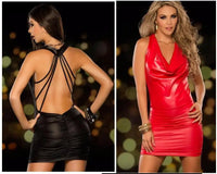 Sexy Pu Leather Latex Dress Red Shiny PVC Halter Sleeveless Catsuit Erotic Bandage Pleated Dress Night Clubwear Costume