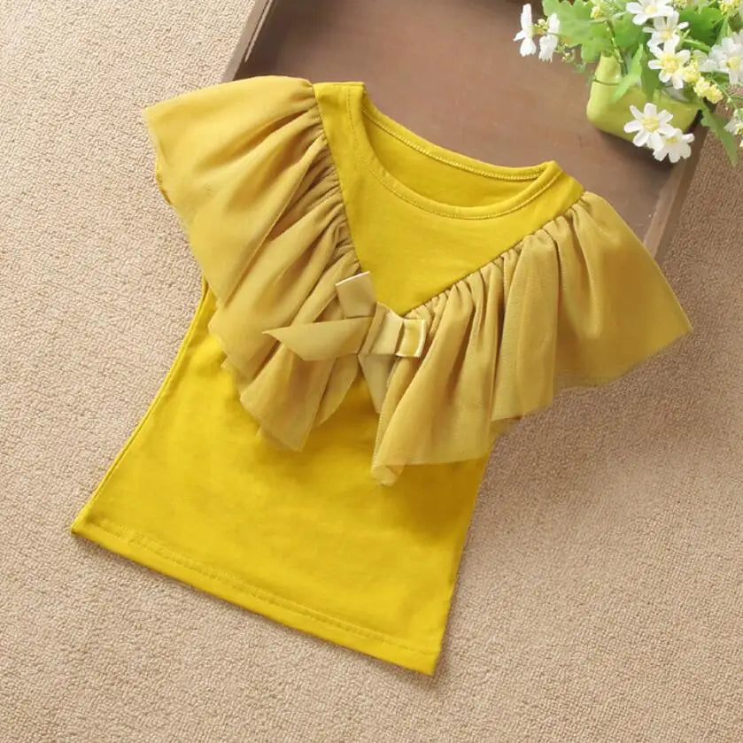 Summer Girls Blouse Kids Shirts Short Sleeve White Yellow Ruffles School Girl Tops Baby Toddler Teen Children's Clothing JW3824A