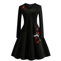 Women Embroidery Vintage Dress Black Elegant Bodycon Party Dresses