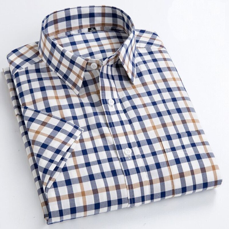 High Quality Men&#39;s Oxford Casual Shirts Leisure Design Plaid Men&#39;s Social Shirts 100% Cotton Short Sleeve Men&#39;s Dress Shirts