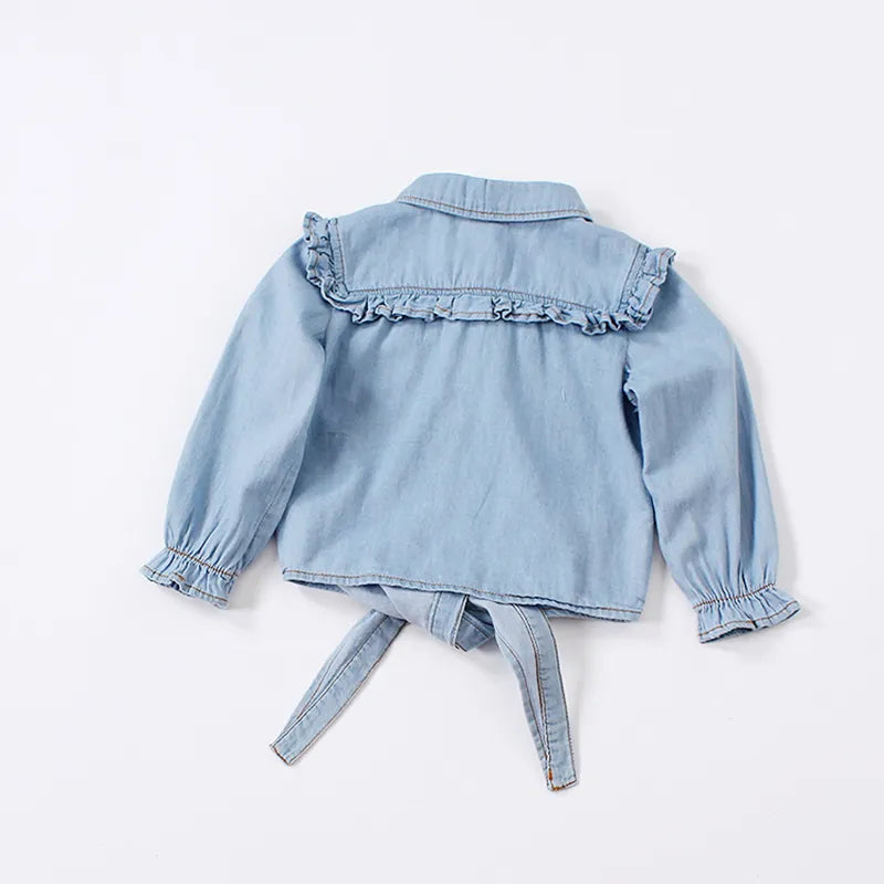 Summer shirt cotton girls clothes casual ruffles denim blouse kids toddler baby girls long sleeve tops children outwear spring