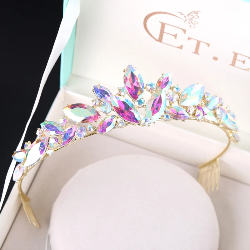 Marquise Shape AB Glass Crown Bridal Tiaras Crystal Fashion Diadem Novia For Bride Headbands  Women Wedding Hair Accessories