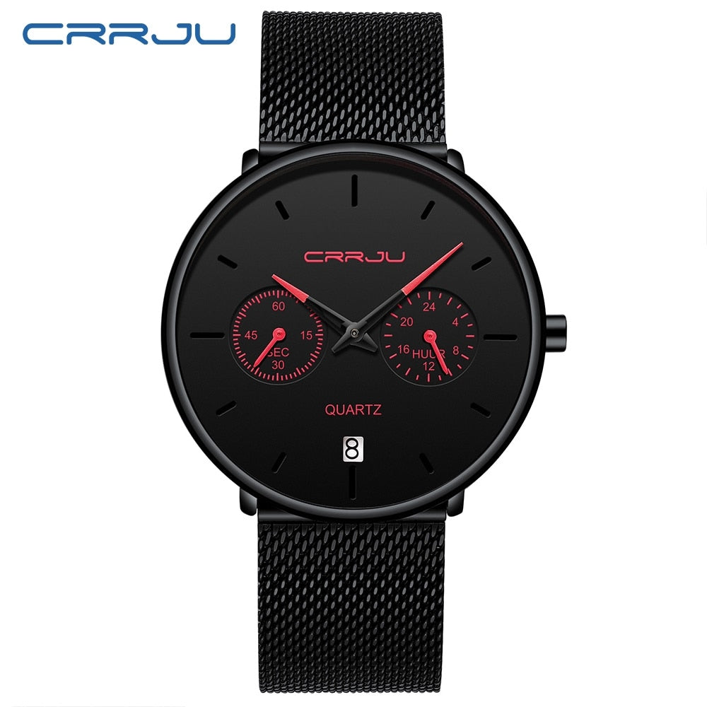 Mens Watches CRRJU Full Steel Casual Waterproof Watch for Man Sport Quartz Watch Men&#39;s Dress Calendar Watch Relogio Masculino