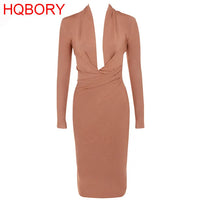 2023 Sexy V Neck Long Sleeve Lady's Party bandage Dresses Newest winter Bodycon Elastic Mid length celebrity Dress Wholesale