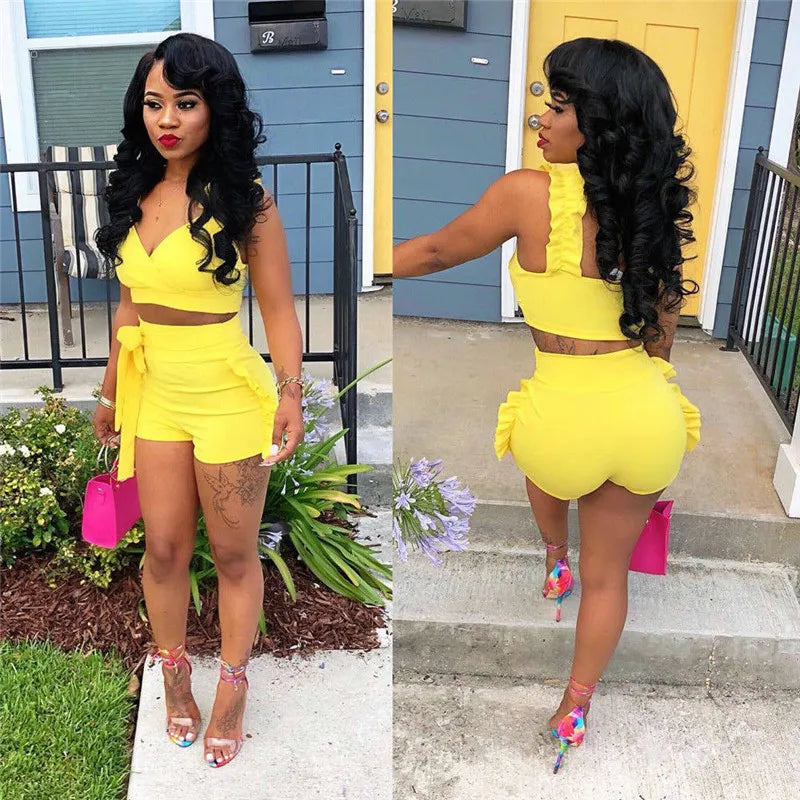 Two Piece Set 2019 Summer women crop tops High Waist Shorts 2pcs Ruffles Bow outfits Ladies Yellow Slim matching Clothes sets