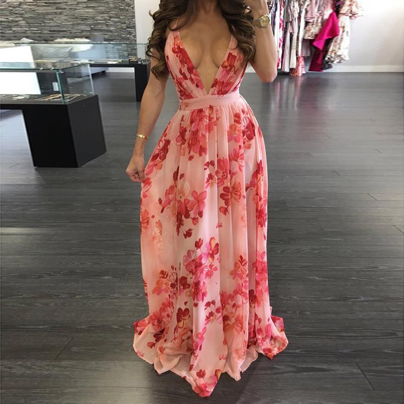 Women Dresses Summer Sexy Maxi Boho Style Print Party Dress Deep V Neck Backless Long Dress Vestidos