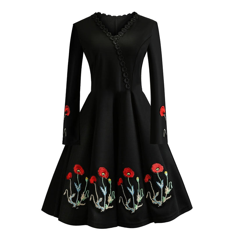 Women Embroidery Vintage Dress Black Elegant Bodycon Party Dresses