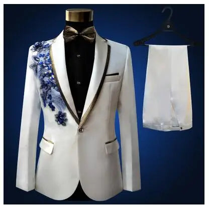 Sequins Men Suit Stage Singers Performance Embroidery Host Formal Wear Emcee Spring Shiny