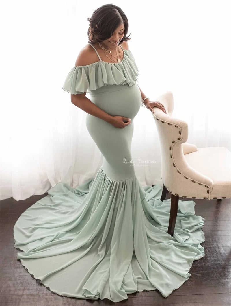 little mermaid maternity dress Mermaid Maternity Dresses For Photo Shoot Pregnant Women Pregnancy Dress Photography Props Sexy Off Shoulder Maxi Maternity Gown Mint green / M