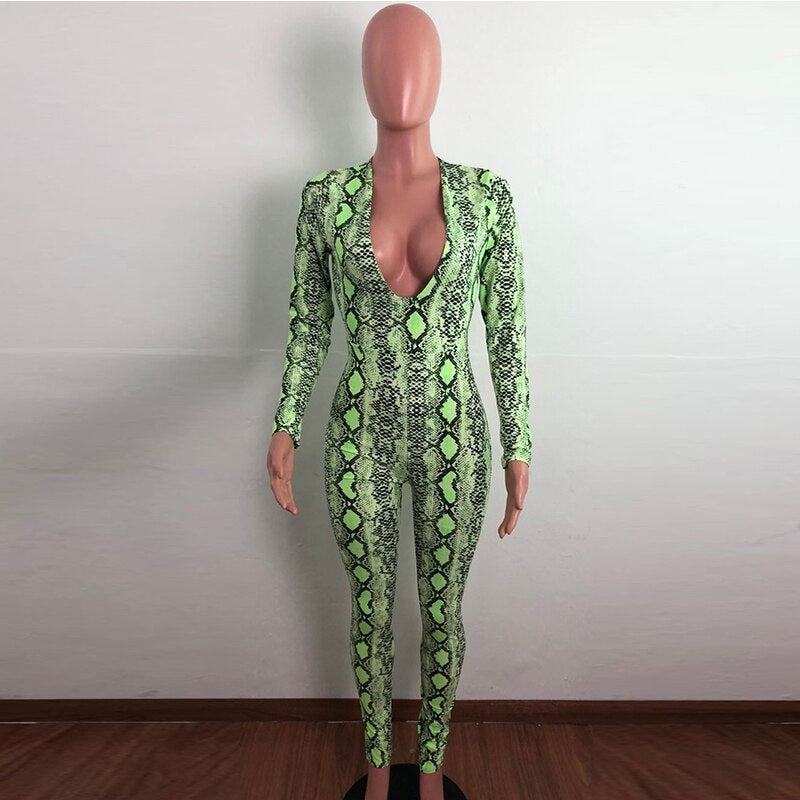 Sexy 2019 New Snake Skin Print Sexy Jumpsuit Streetwear Deep V-neck Long Sleeve