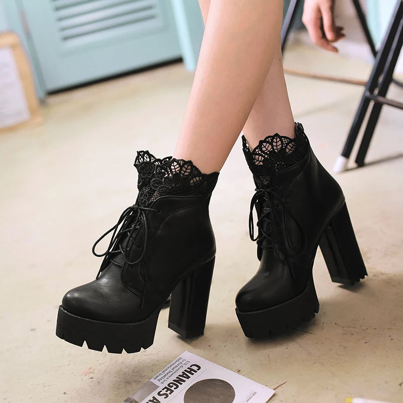 Gdgydh 2022 Autumn Women Lacing Platform Boots High Heels Female Black Platform Heels Spring Short Boots Ladies Shoes for Party