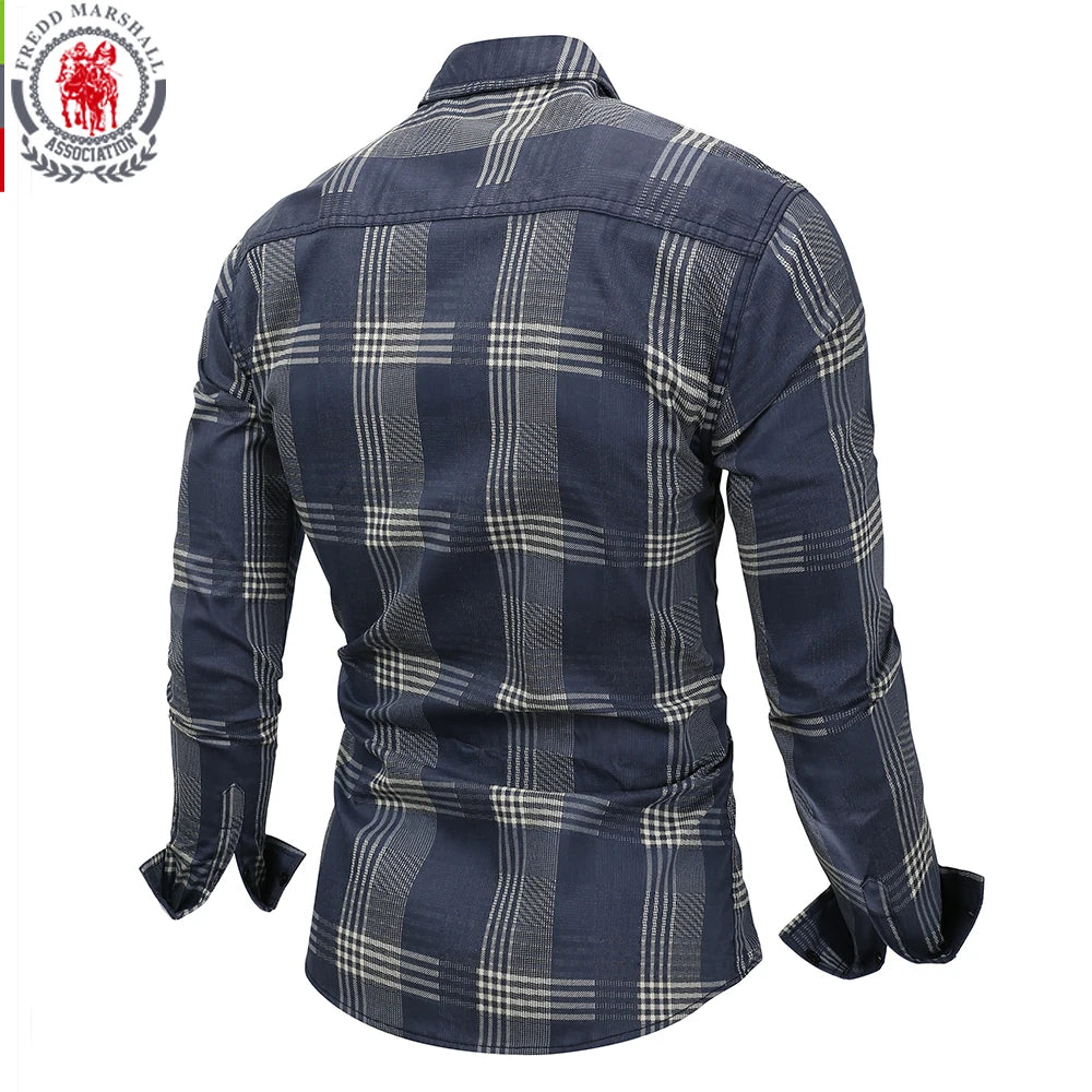 Fredd Marshall 2021 Men Long Sleeve Patchwork Plaid Denim Dress Shirt 100% Cotton Male Business Social Shirts Brand Men Clothing