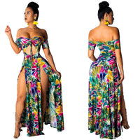 2019 Sexy Print Slit Women Maxi Dresses Summer Strapless Long Dress