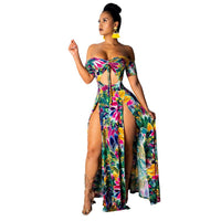 2019 Sexy Print Slit Women Maxi Dresses Summer Strapless Long Dress