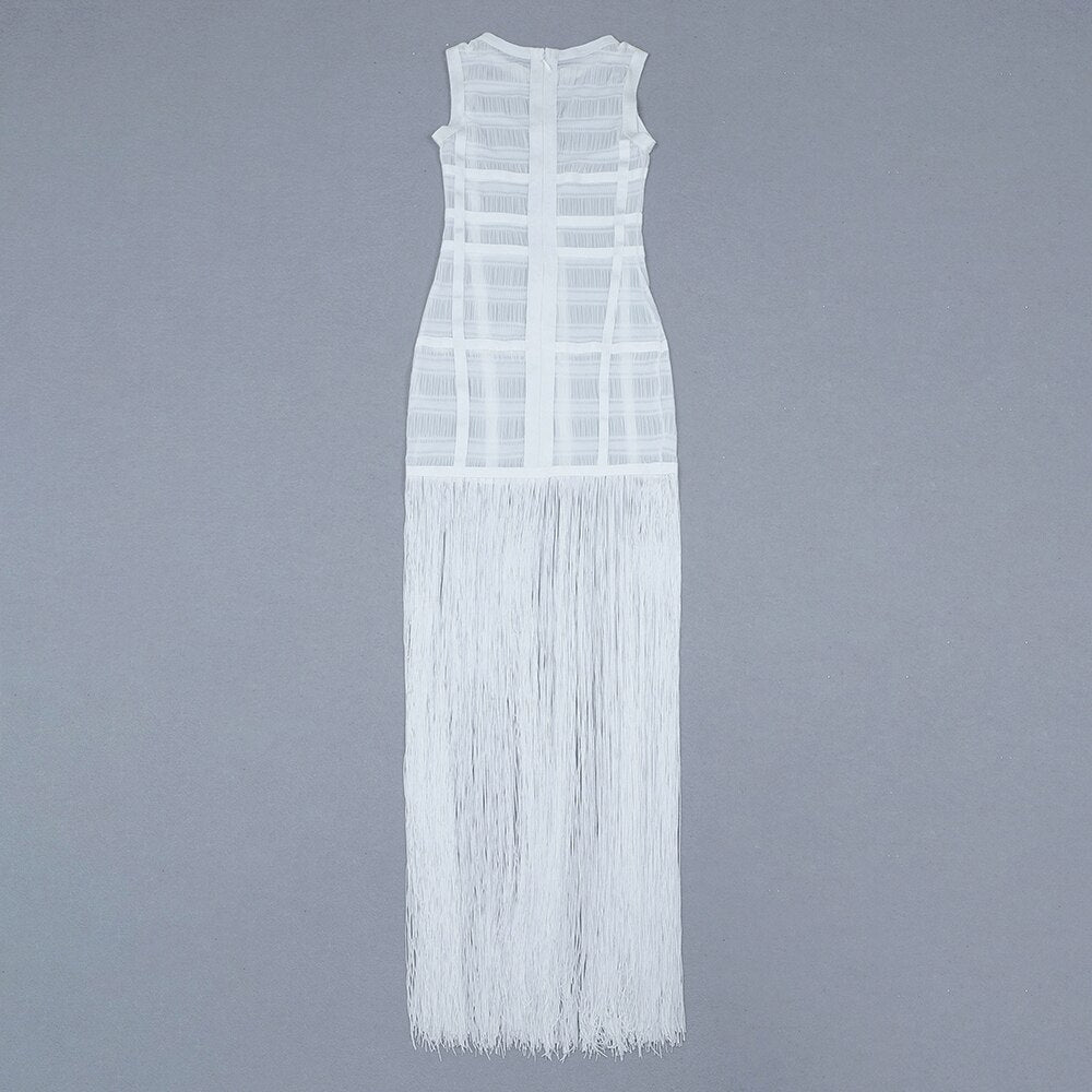 High Quality White Sleeveless Tassel Hollow Out Bodycon Rayon Bandage Dress Evening Party Sexy Dress