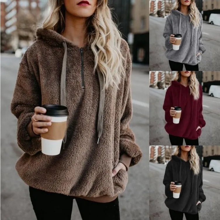 Winter Women Sherpa Hoodies Oversized Fleece Hooded Pullover Loose Fluffy Coat Warm Streetwear Hoodies