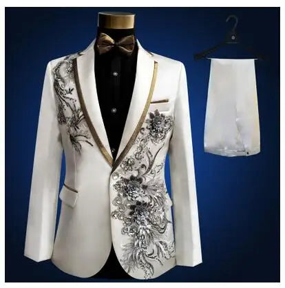 Sequins Men Suit Stage Singers Performance Embroidery Host Formal Wear Emcee Spring Shiny