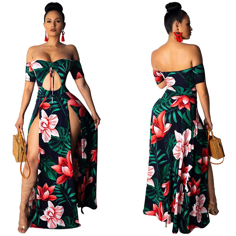 2019 Sexy Print Slit Women Maxi Dresses Summer Strapless Long Dress