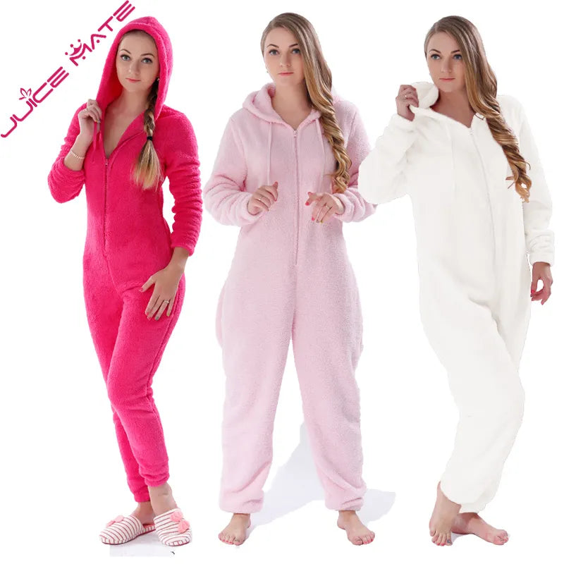 Winter Warm Pajamas Women Onesies Fluffy Fleece Jumpsuits Sleepwear Plus Size Hooded Stitch Pajamas Onesie For Women Adult