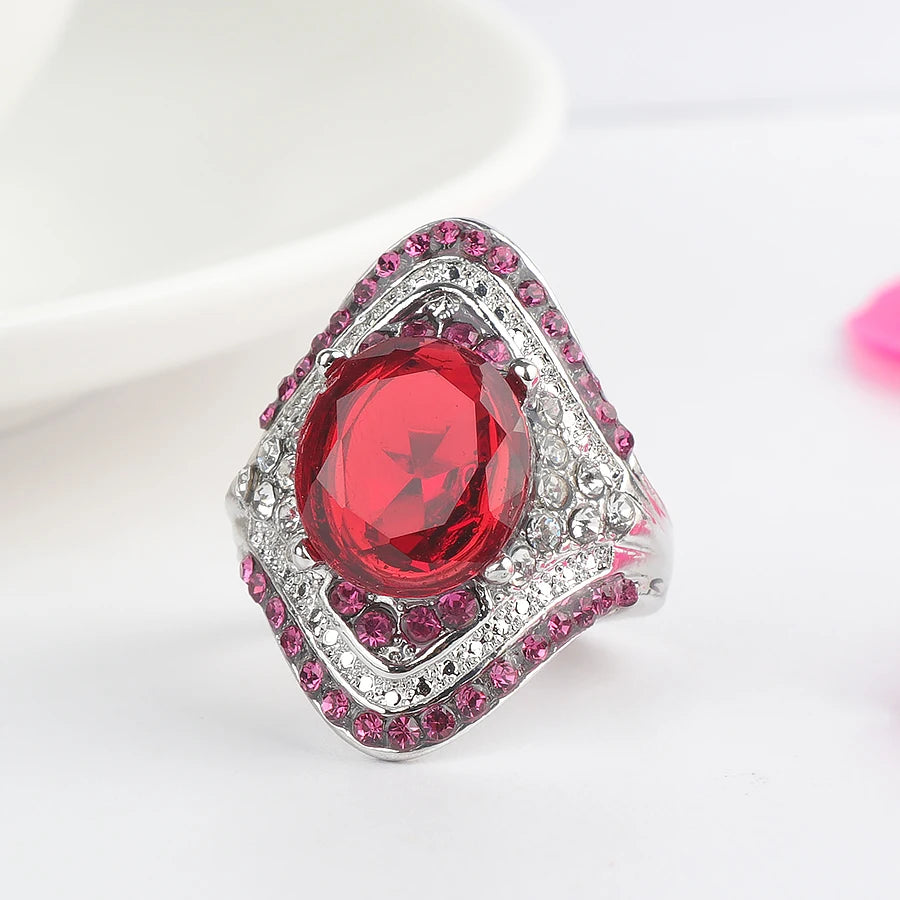 Wbmqda Fashion New Silver Color Ring With Red Stones For Women Vintage Crystal Zircon Fashion Luxury Party Engagement Jewelry