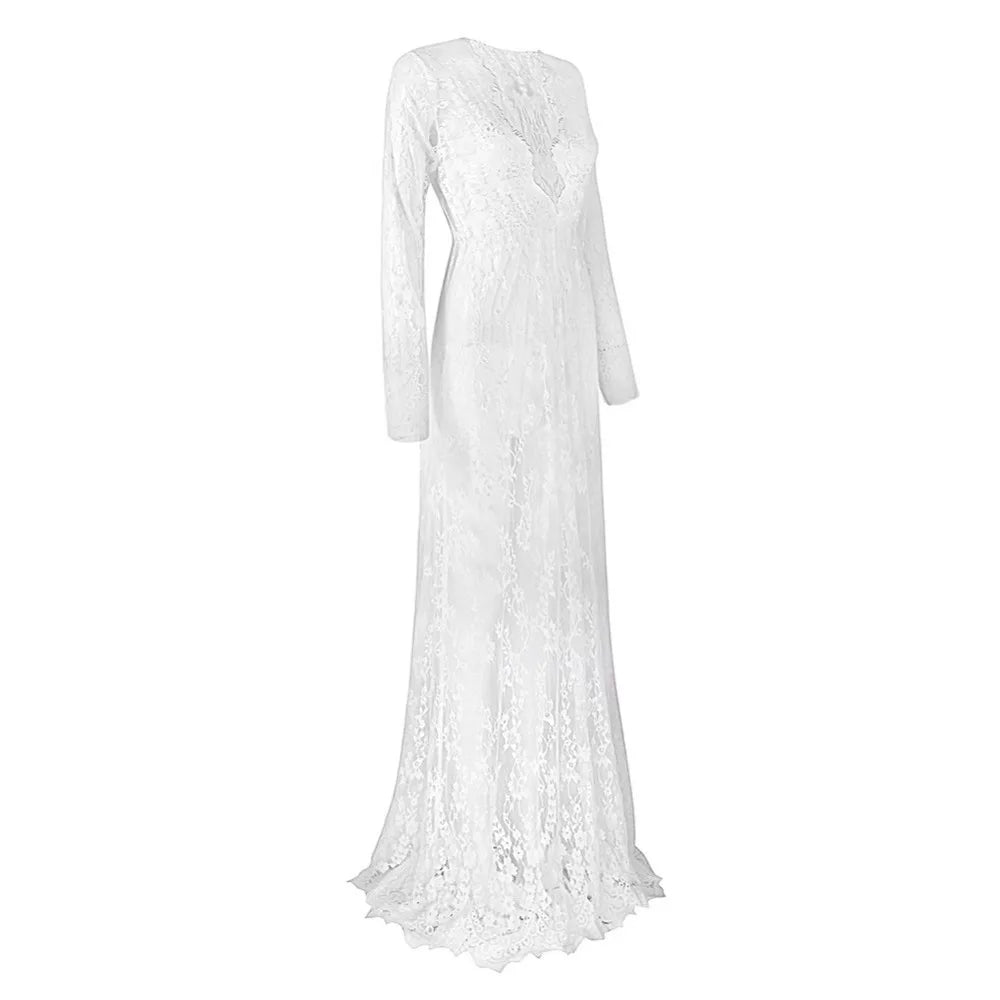 Sexy Deep V Neck Glamour See-through Hollow Lace Long Maxi Dress Beach Dress