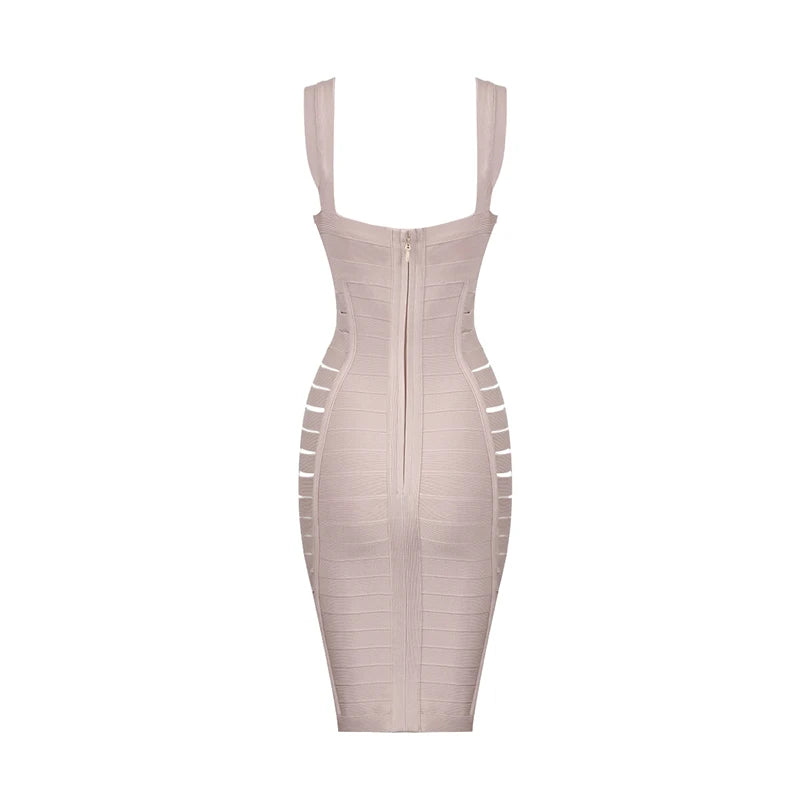 2018 New Fashion Beige Nude Sexy V Neck Side Hollow Out Mini Party Celebrity Women Wholesale Bandage Dress