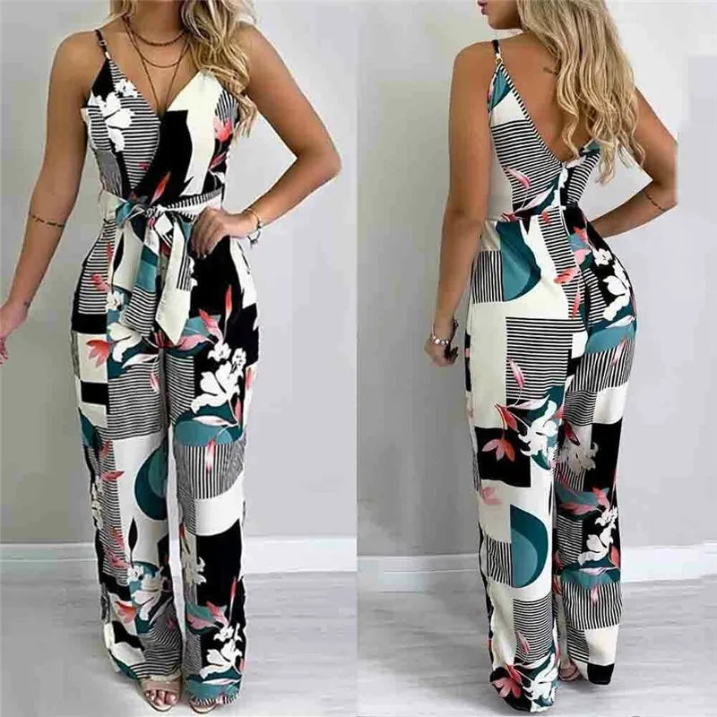 Womens Holiday Long Playsuit Fashion Floral Printed Sleeveless Backless Ladies Jumpsuit Spaghetti Strap Summer Beach Jumpsuits