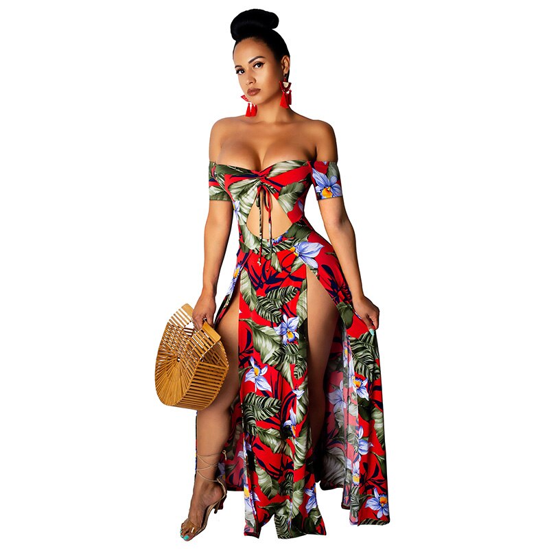 2019 Sexy Print Slit Women Maxi Dresses Summer Strapless Long Dress