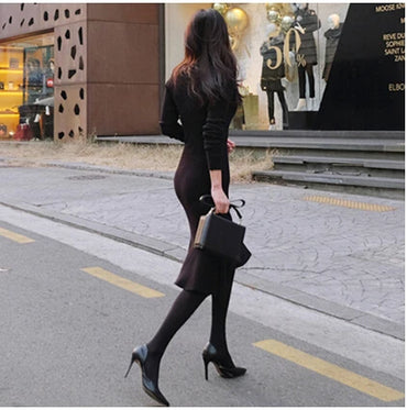 SMTHMA Winter Black Knitted Dress for Women Bodycon Dress Long Sleeve Elegant Button Warm Trumpet Mermaid Sweater Dress Female