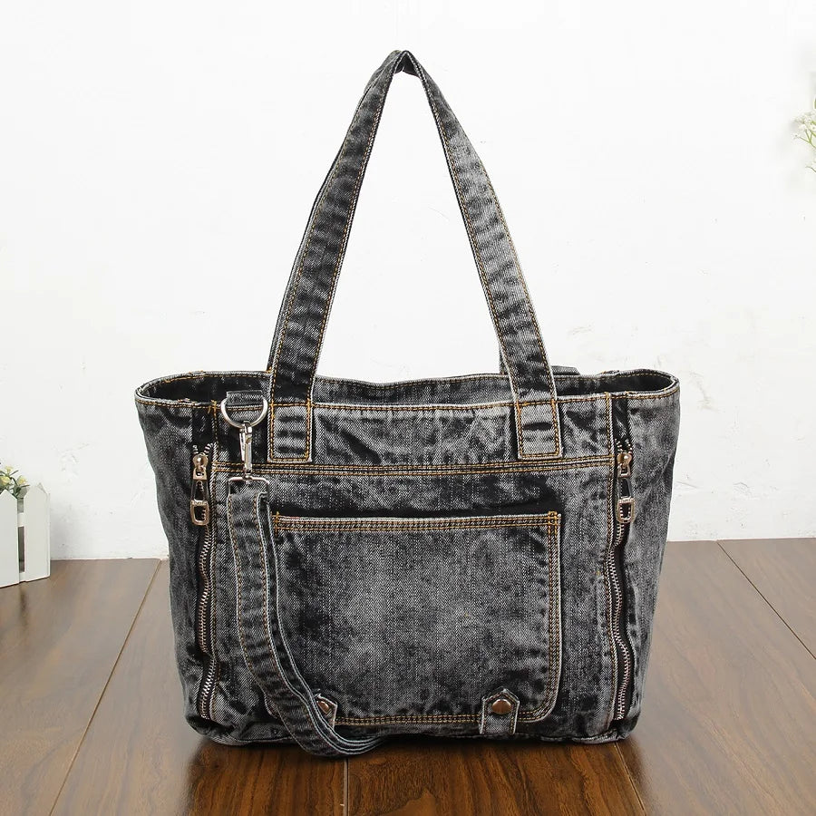 Casual Fashion Zipper Trendy Design Denim-wash Vintage Women Tote Bags Lady Handbags Jeans Denim Shoulder Bag Messenger bags