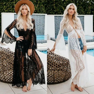 Fashion New Womens Beach Bikini Cover Ups Long Kaftan Lace Floral Summer Crochet Maxi Dress Female Swimwear Bathing Suit