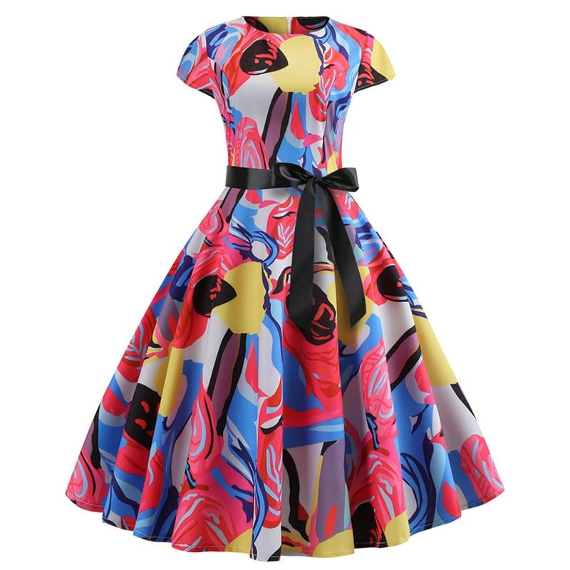 vintage dresses for summer Women Vintage Dress Summer Floral Print Short Sleeve Dresses 50s 60s O –  Mega Mart Center