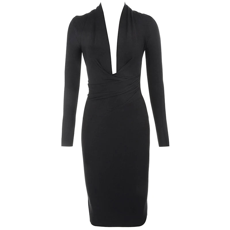 2023 Sexy V Neck Long Sleeve Lady's Party bandage Dresses Newest winter Bodycon Elastic Mid length celebrity Dress Wholesale