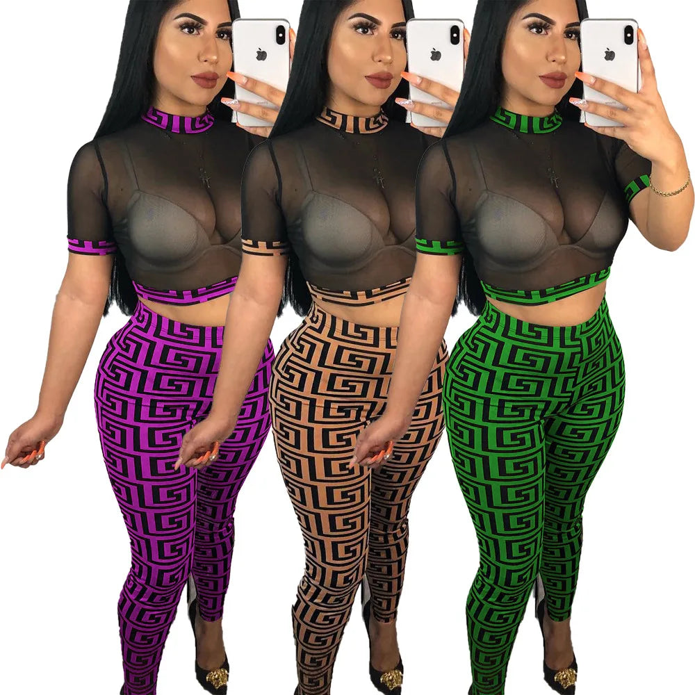 See through Sexy Two Piece Set Women Transparent Mesh Crop Top and Pencil Pants Suit Party Club Wear 2 Piece Outfits