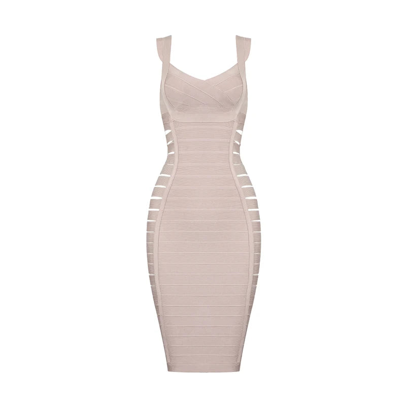 2018 New Fashion Beige Nude Sexy V Neck Side Hollow Out Mini Party Celebrity Women Wholesale Bandage Dress