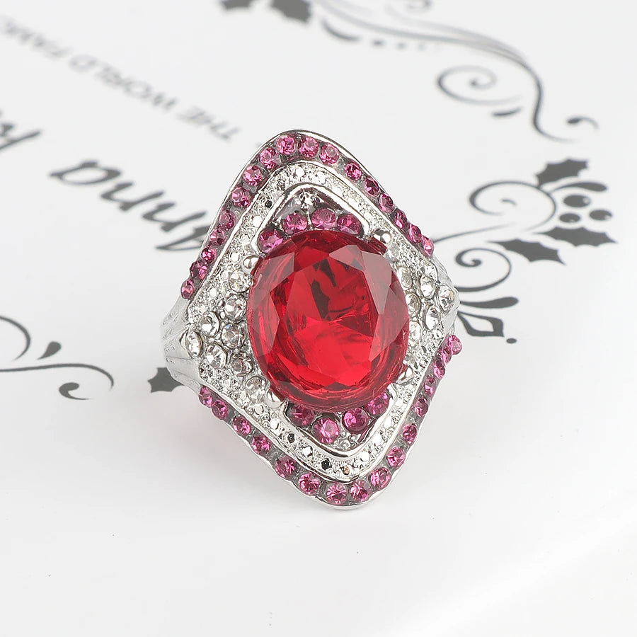 Wbmqda Fashion New Silver Color Ring With Red Stones For Women Vintage Crystal Zircon Fashion Luxury Party Engagement Jewelry