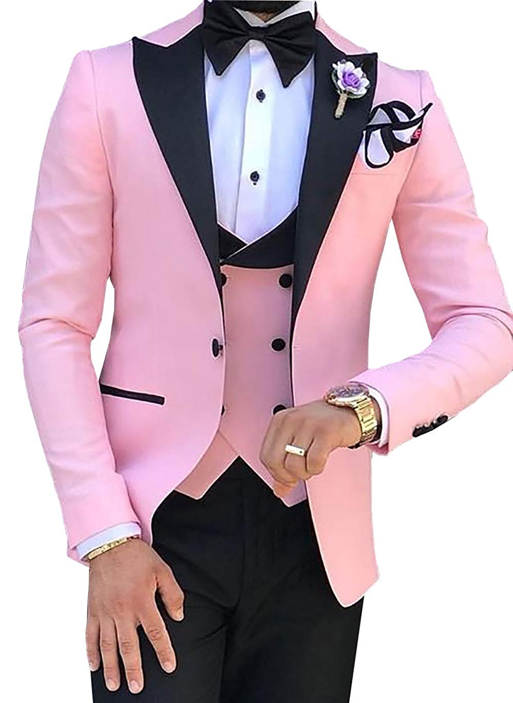 Pink Mens Suits 3 Pieces Slim Fit Casual Business Groomsmen Green Champagne Lapel Tuxedos for Formal Wedding (Blazer+Pants+Vest)