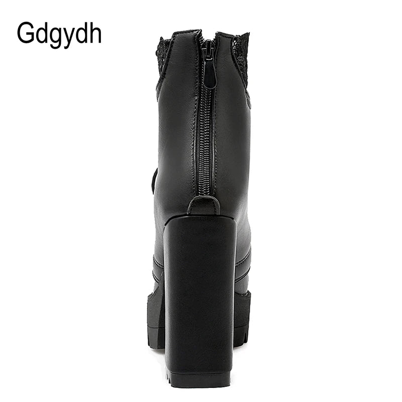 Gdgydh 2022 Autumn Women Lacing Platform Boots High Heels Female Black Platform Heels Spring Short Boots Ladies Shoes for Party