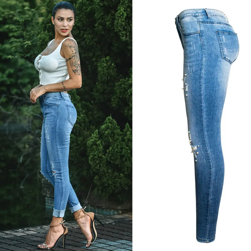 LOGAMI New Arrive Ripped Jeans With Beads Woman Stretchy Denim Pants Skinny Trousers For Women Jeans